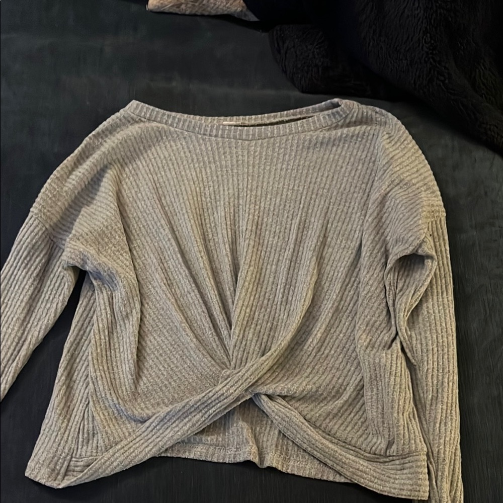 Gray Ribbed Twist Front Sweater